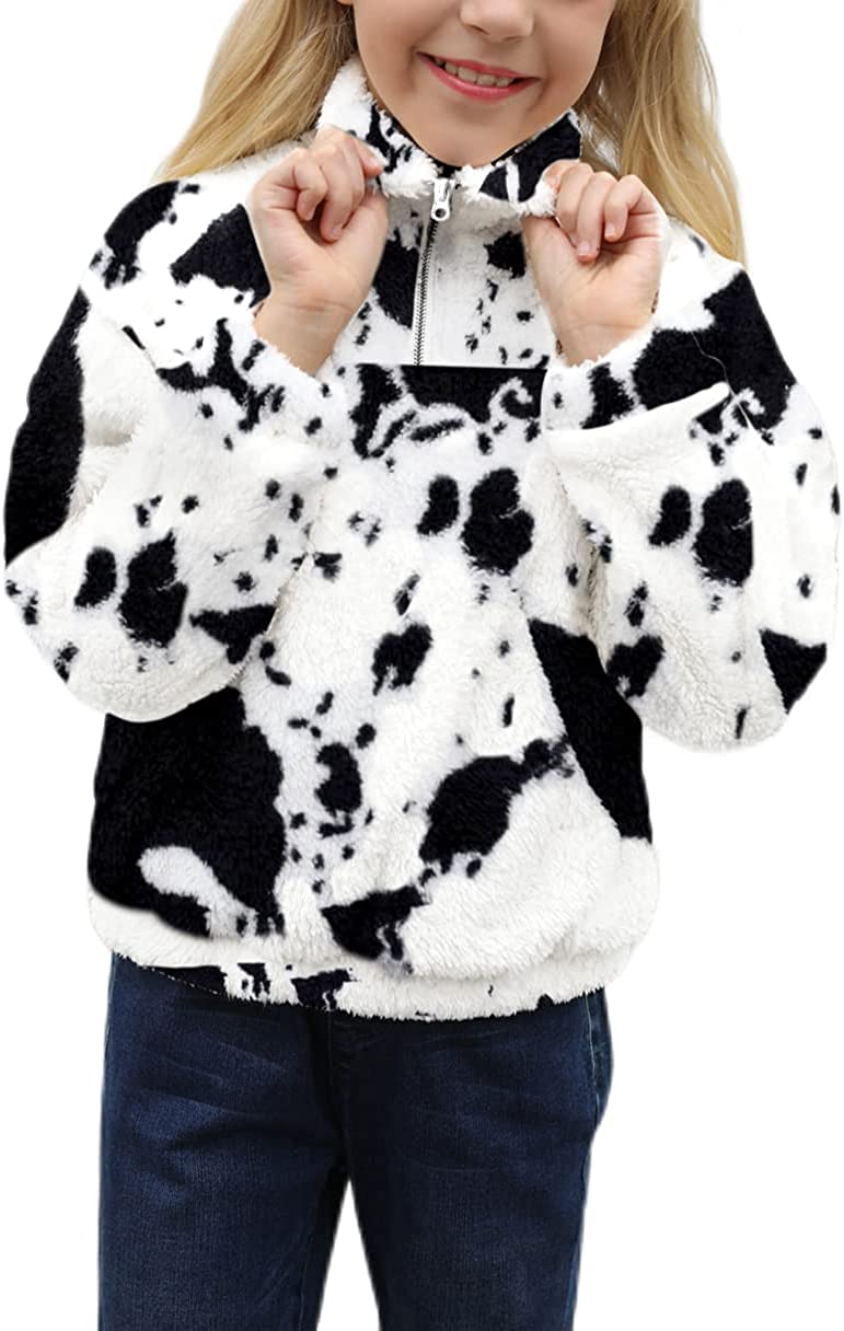 Girls Cow Print Pullover Quarter-Zip Sherpa Fleece Jackets