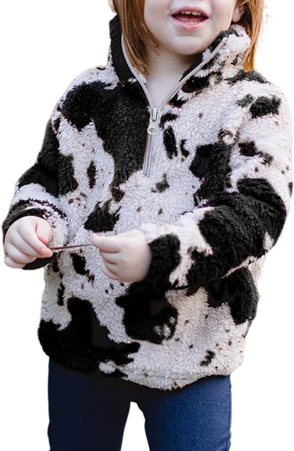 Girls Cow Print Pullover Quarter-Zip Sherpa Fleece Jackets