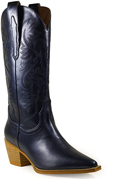 Women Knee High Western Style Stacked Heel Boots