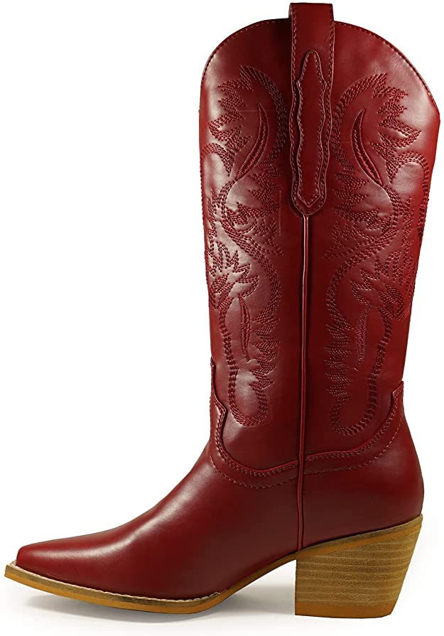 Women Knee High Western Style Stacked Heel Boots
