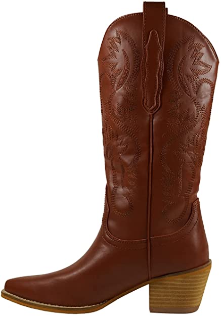 Women Knee High Western Style Stacked Heel Boots