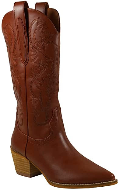 Women Knee High Western Style Stacked Heel Boots