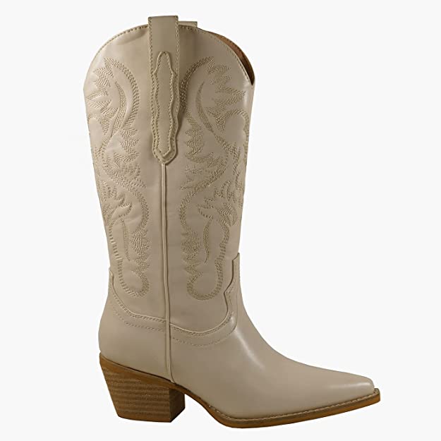 Women Knee High Western Style Stacked Heel Boots