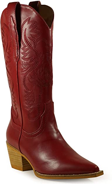 Women Knee High Western Style Stacked Heel Boots