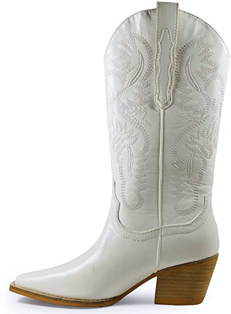 Women Knee High Western Style Stacked Heel Boots