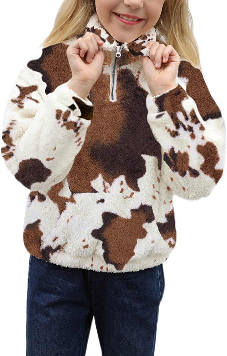 Girls Cow Print Pullover Quarter-Zip Sherpa Fleece Jackets