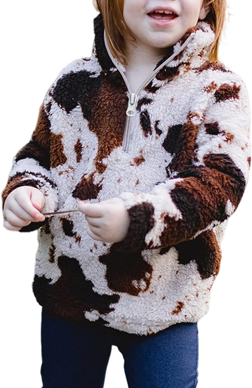 Girls Cow Print Pullover Quarter-Zip Sherpa Fleece Jackets