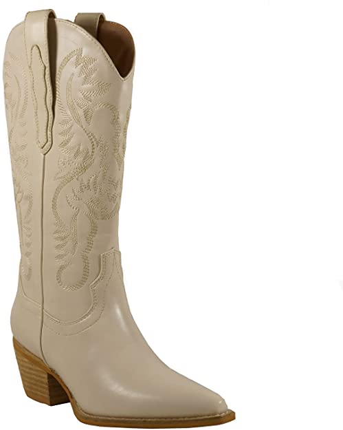 Women Knee High Western Style Stacked Heel Boots