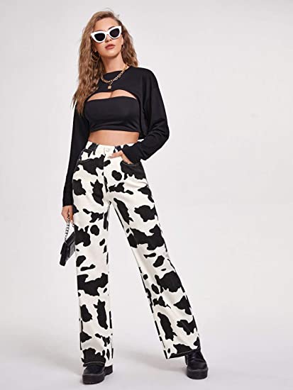 Moonker Fashion Women High Waist Loose Pocket White Cow Print Jeans Pants  Wide Leg Pants