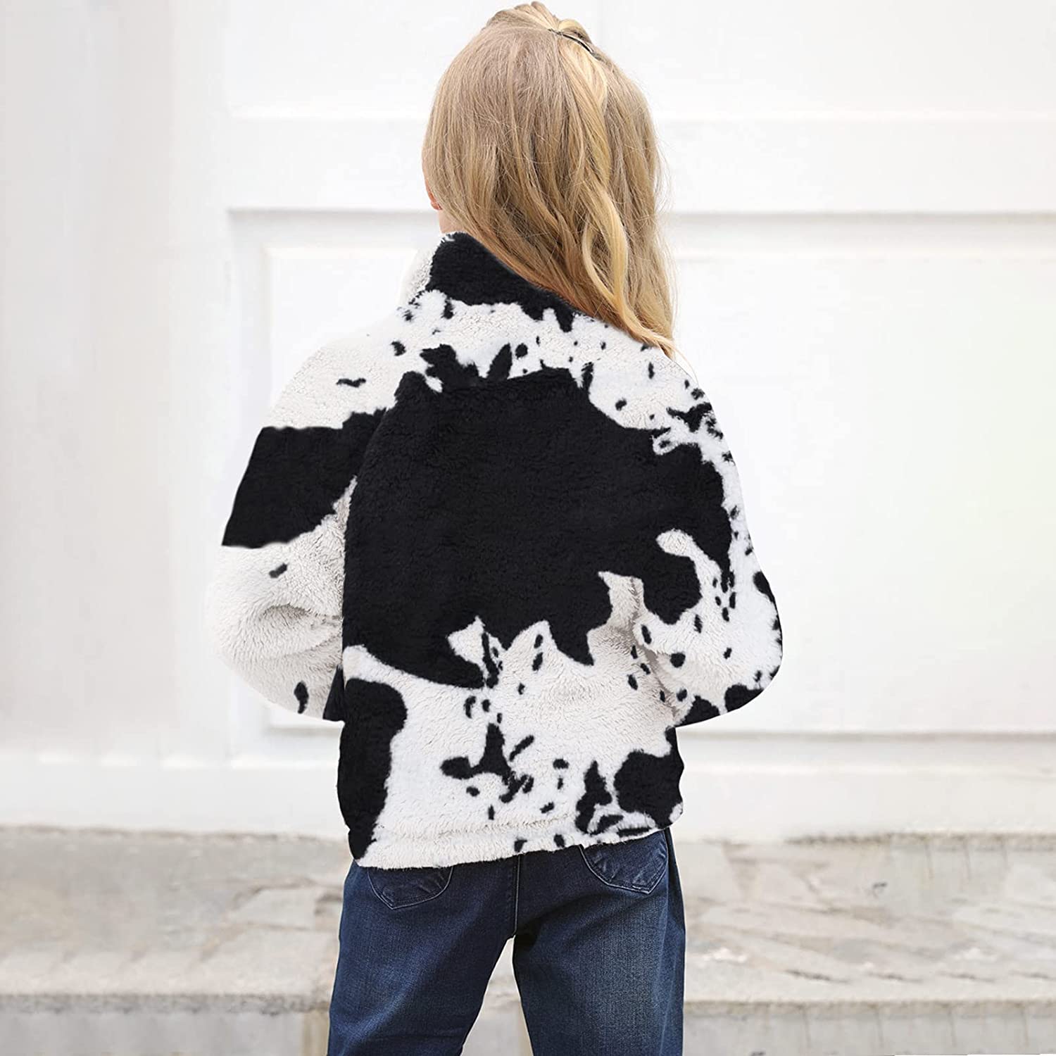 Girls Cow Print Pullover Quarter-Zip Sherpa Fleece Jackets