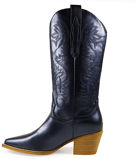 Women Knee High Western Style Stacked Heel Boots