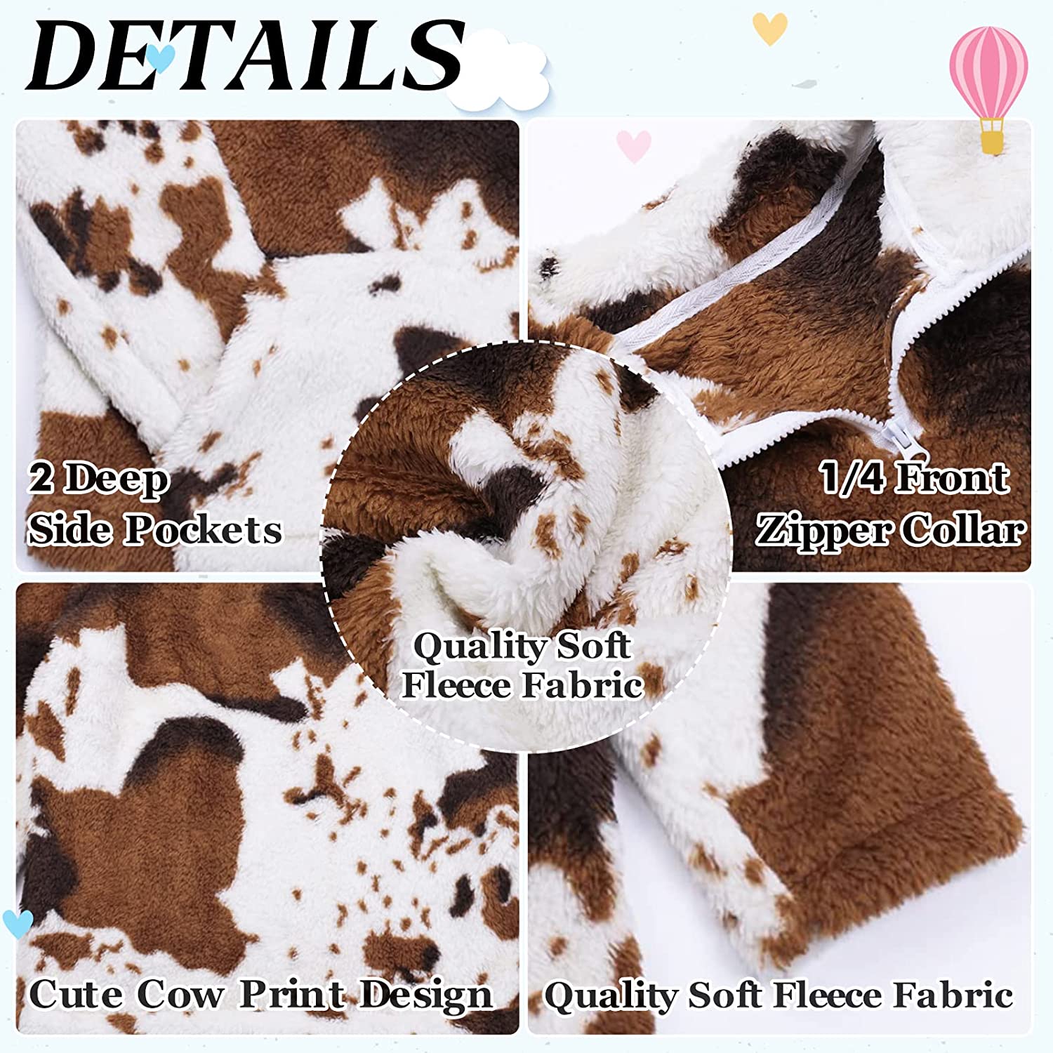 Girls Cow Print Pullover Quarter-Zip Sherpa Fleece Jackets