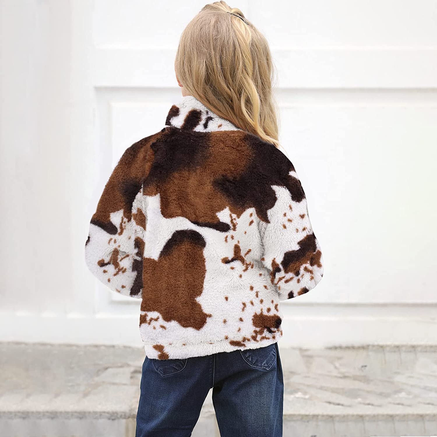 Girls Cow Print Pullover Quarter-Zip Sherpa Fleece Jackets
