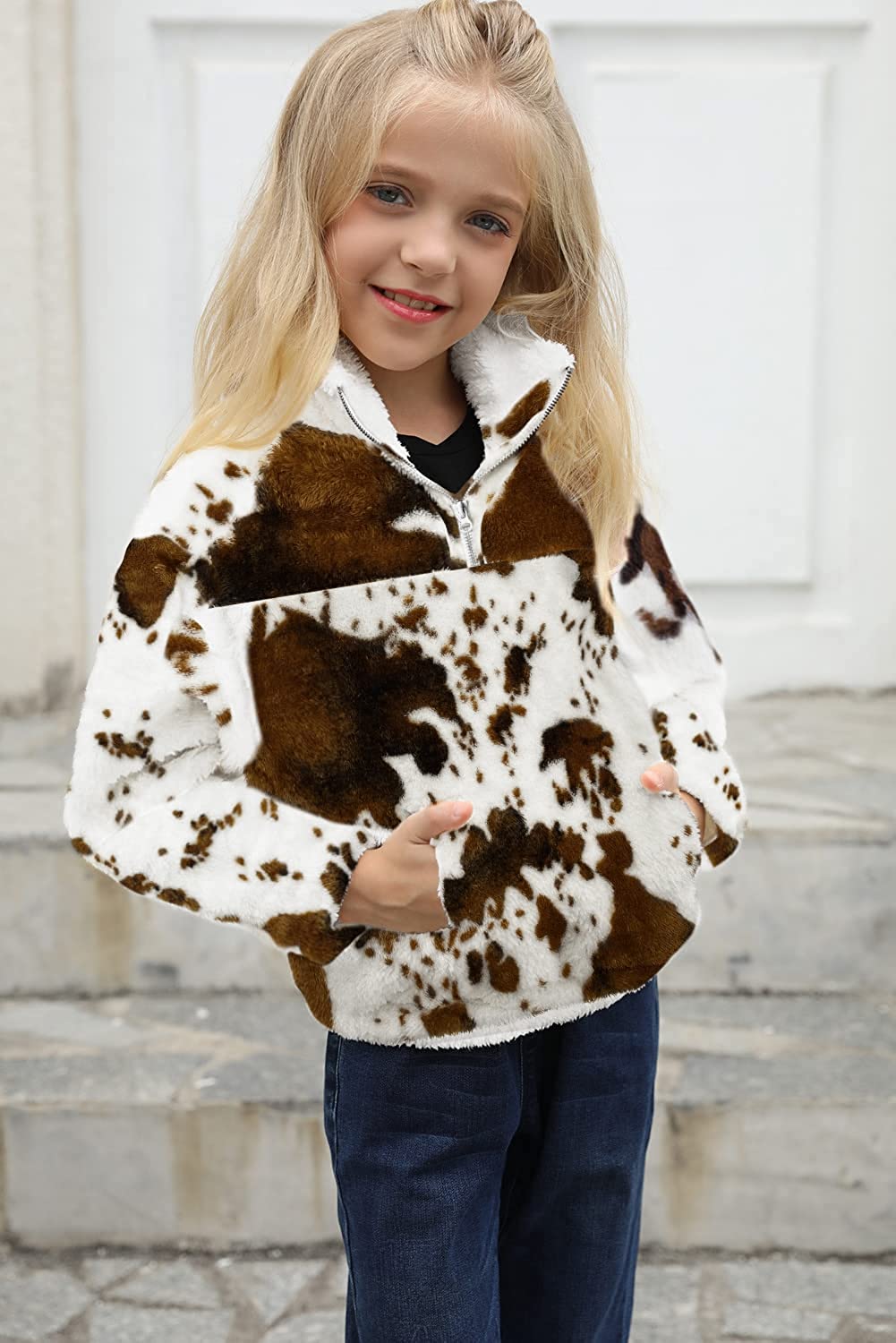 Girls Cow Print Pullover Quarter-Zip Sherpa Fleece Jackets