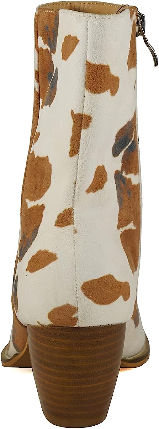 Women's Mid-Calf Embroidery Snip Toe Stacked Cow Print