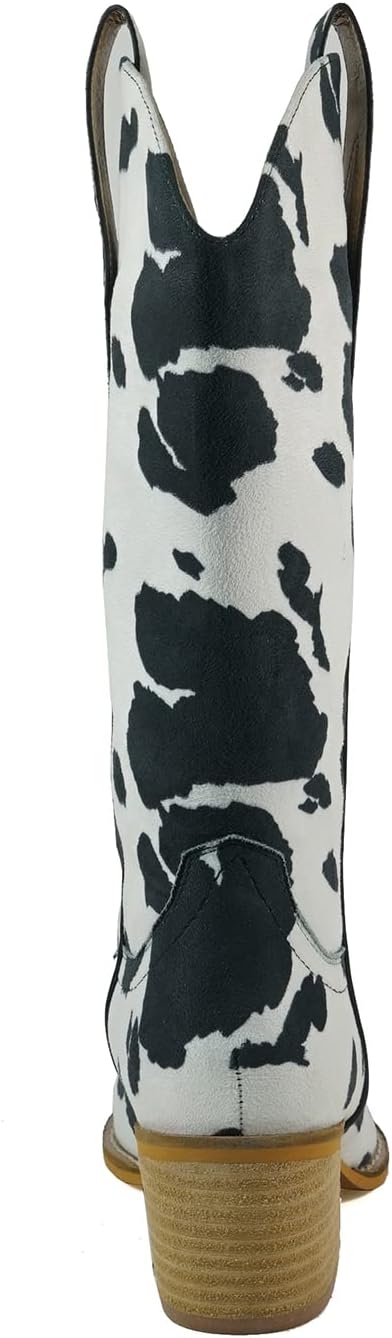 Women Knee High Cow print Western Style Stacked Heel Boots