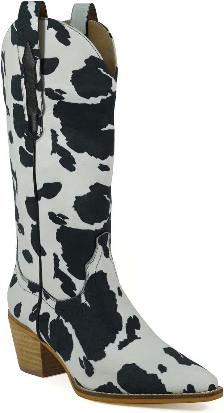 Women Knee High Cow print Western Style Stacked Heel Boots