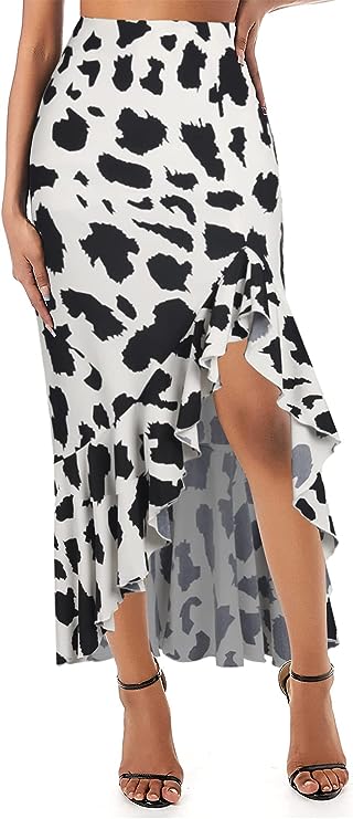 Cow Print Skirt Midi Length Ruffles Casual Swing Skirts