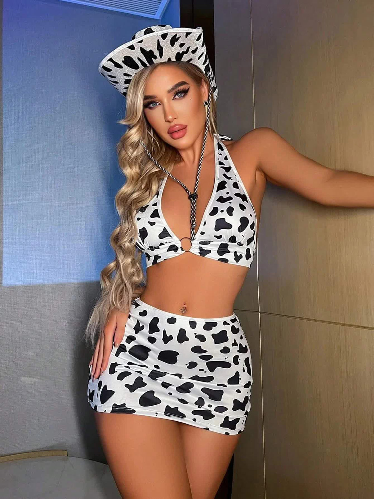 Cow Print Cut Out Animal Costume Set With Hat
