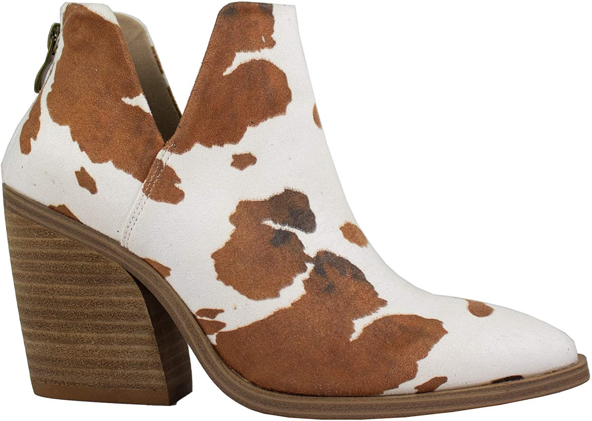 V Cut Cow print Booties Stacked heel Cowgirl Boots