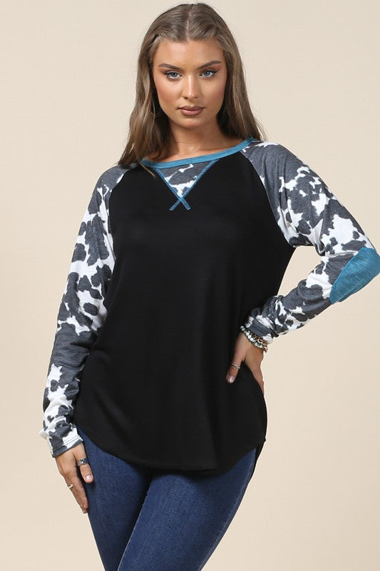 Women Cow Print Elbow Patch Top Sweatshirts