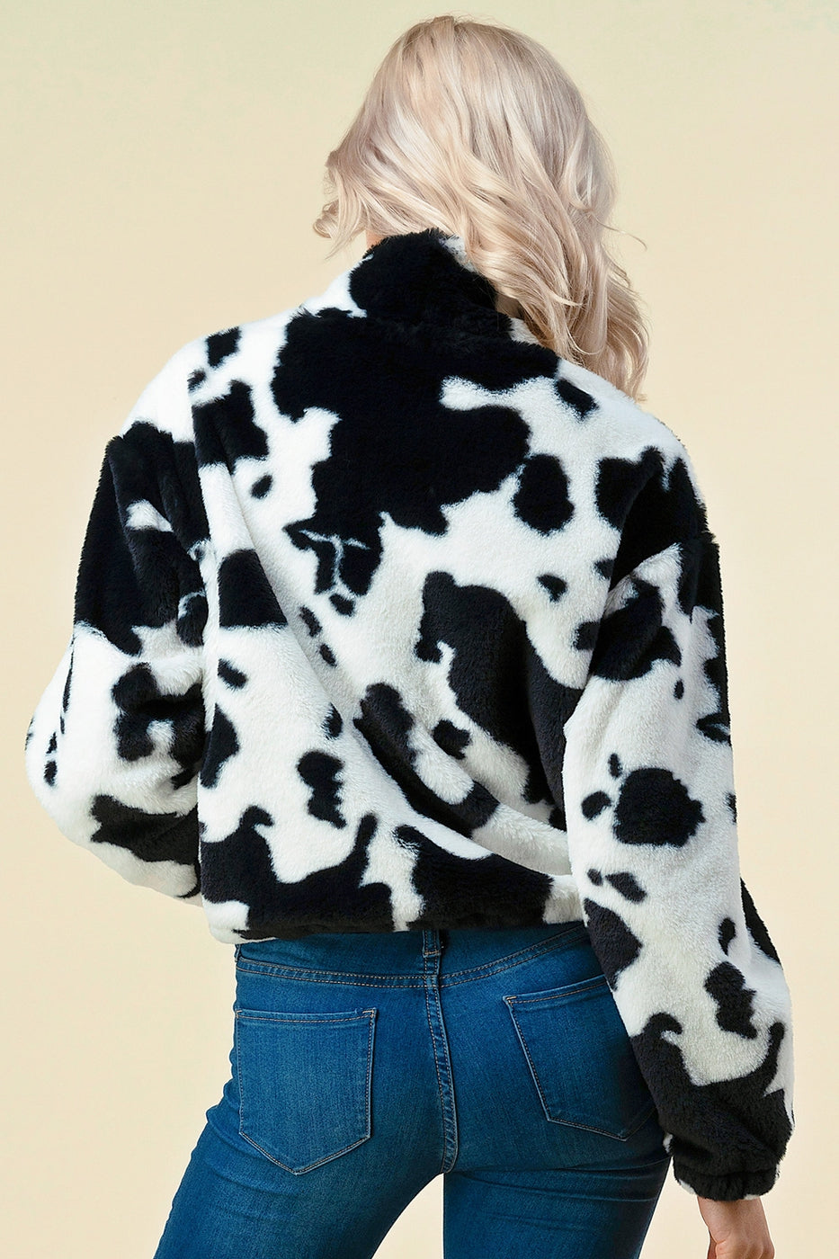 Women Cow Print Faux Fur Zip Up Jacket White Black