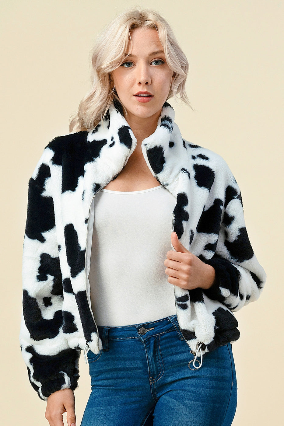 Women Cow Print Faux Fur Zip Up Jacket White Black
