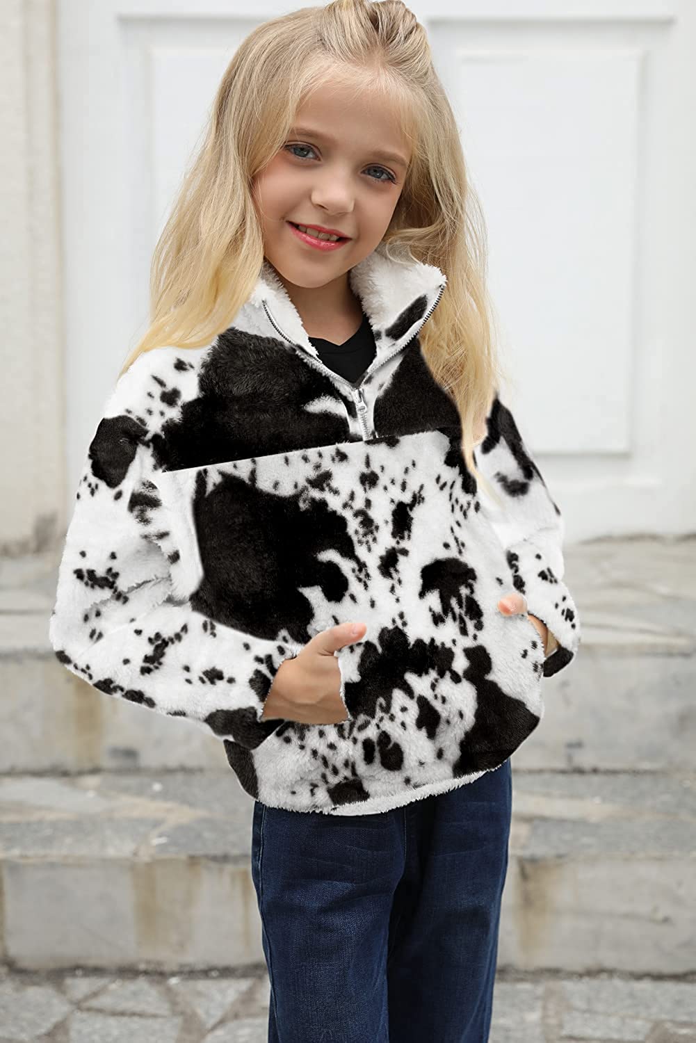 Girls Cow Print Pullover Quarter-Zip Sherpa Fleece Jackets