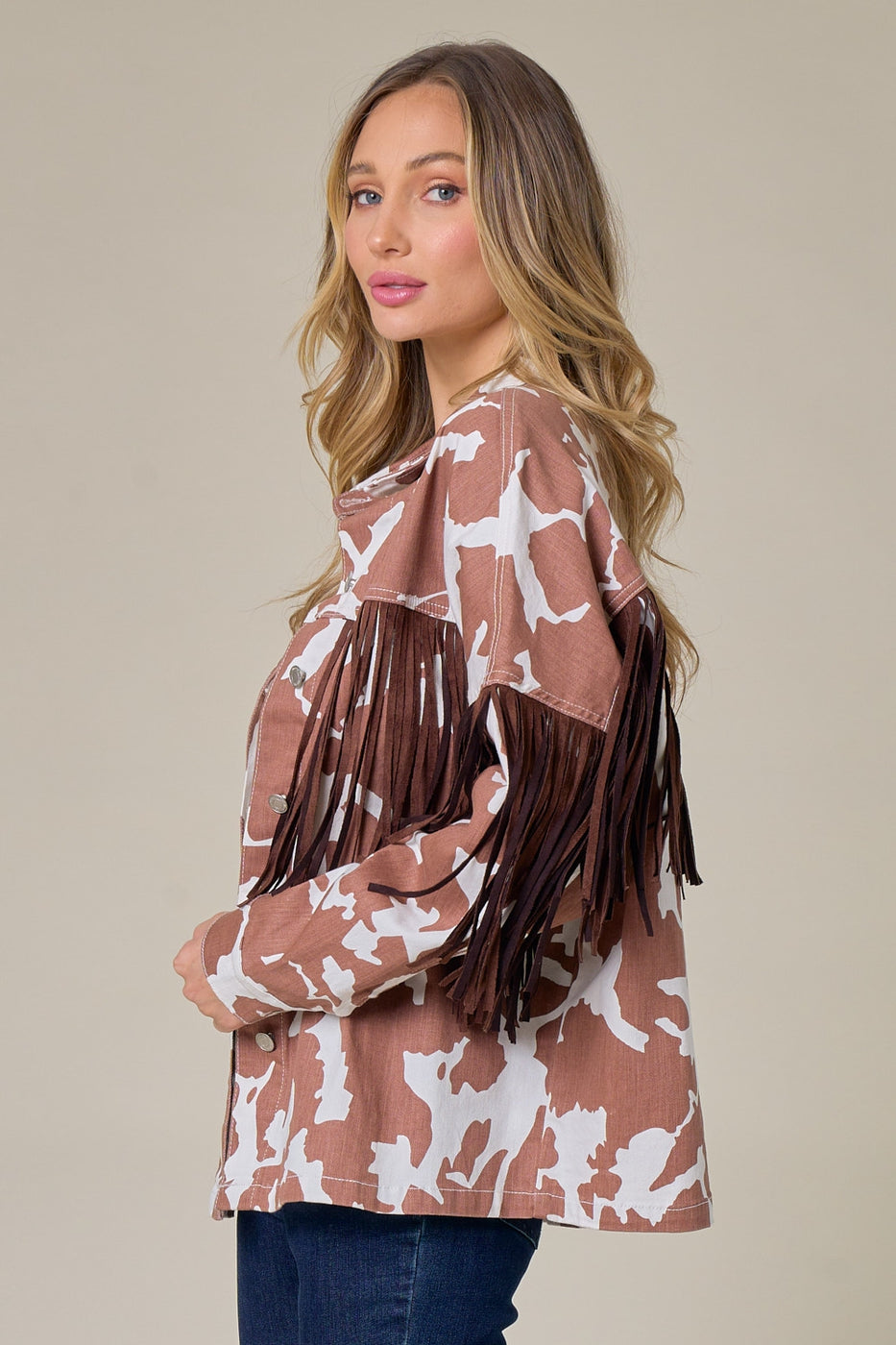 Women Brown Cow Print Jacket With Suede Fringe
