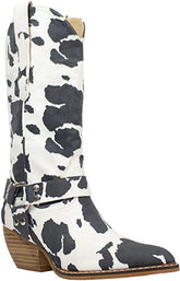 Women's Knee-High Pointed Toe Pull Up Metal Buckle Cow Print Boot