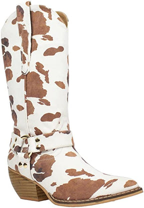 Women's Knee-High Pointed Toe Pull Up Metal Buckle Cow Print Boot