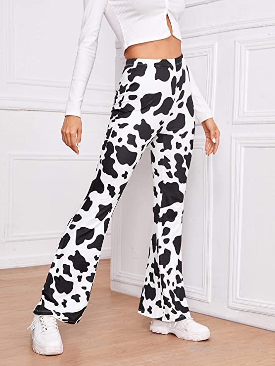 Women's Cow Print High Waist Casual Flare Bell Bottom Stretch Long Pants