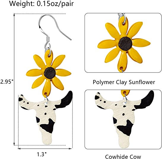 Summer Yellow Sunflower  Cowhide Leather Drop Earrings