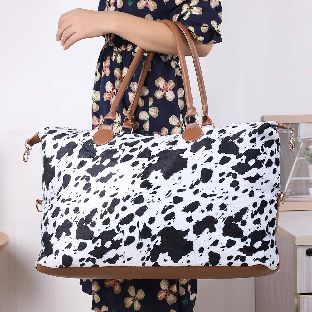 Women's Large Travel Tote Weekender Brown Cow Print Bag Duffle Bag