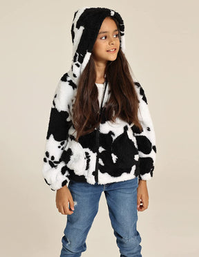 Girls Cow Print Full Zip Hoodie Fleece Jacket