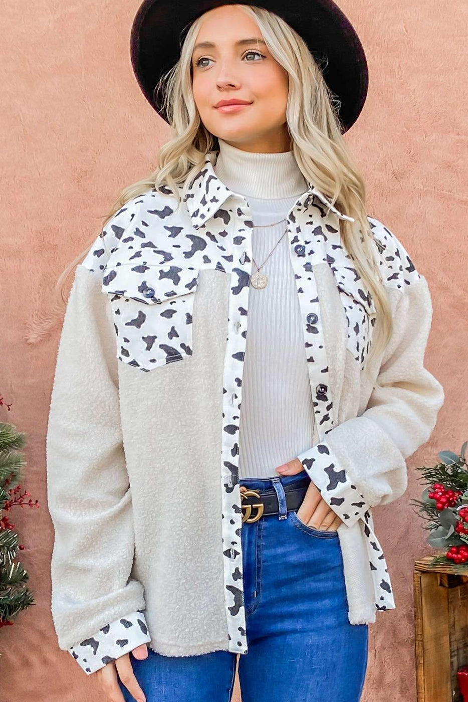 Cow Print Detailed Sherpa Jacket Cowgirl Wear