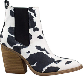 Black Cow Print Western Booties Animal Prints Ankle Boot with Stacked Heel Cowgirl Boots