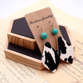 Cow Print Leather Turquoise Earrings Teardrop Dangle