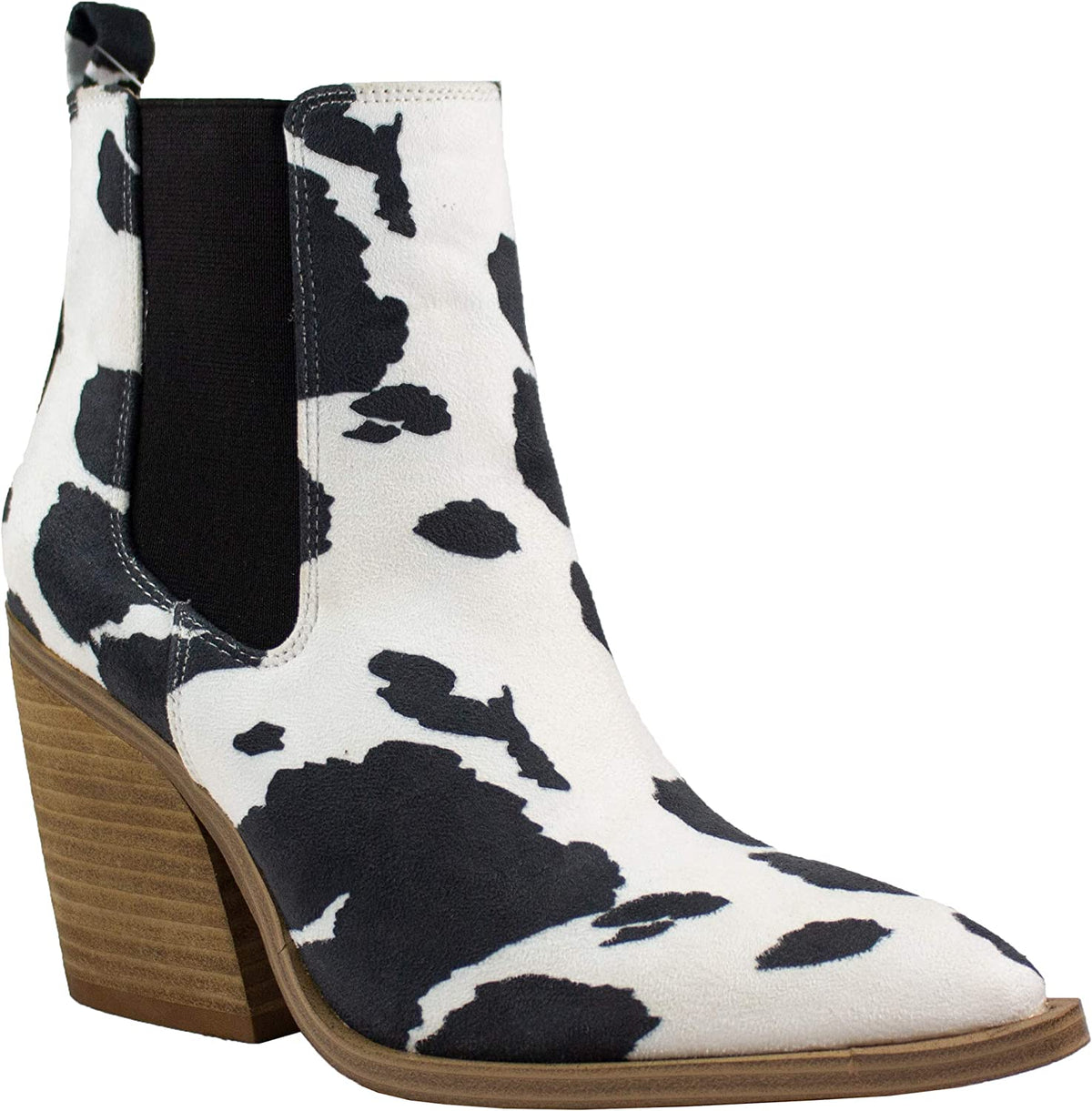 Black Cow Print Western Booties Animal Prints Ankle Boot with Stacked Heel Cowgirl Boots