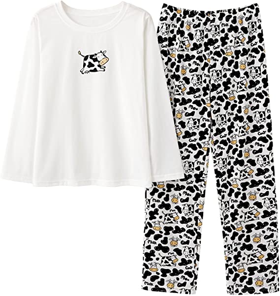Women Cow  Pajamas Set-Cute Long Sleeve and Pants Sleepwear