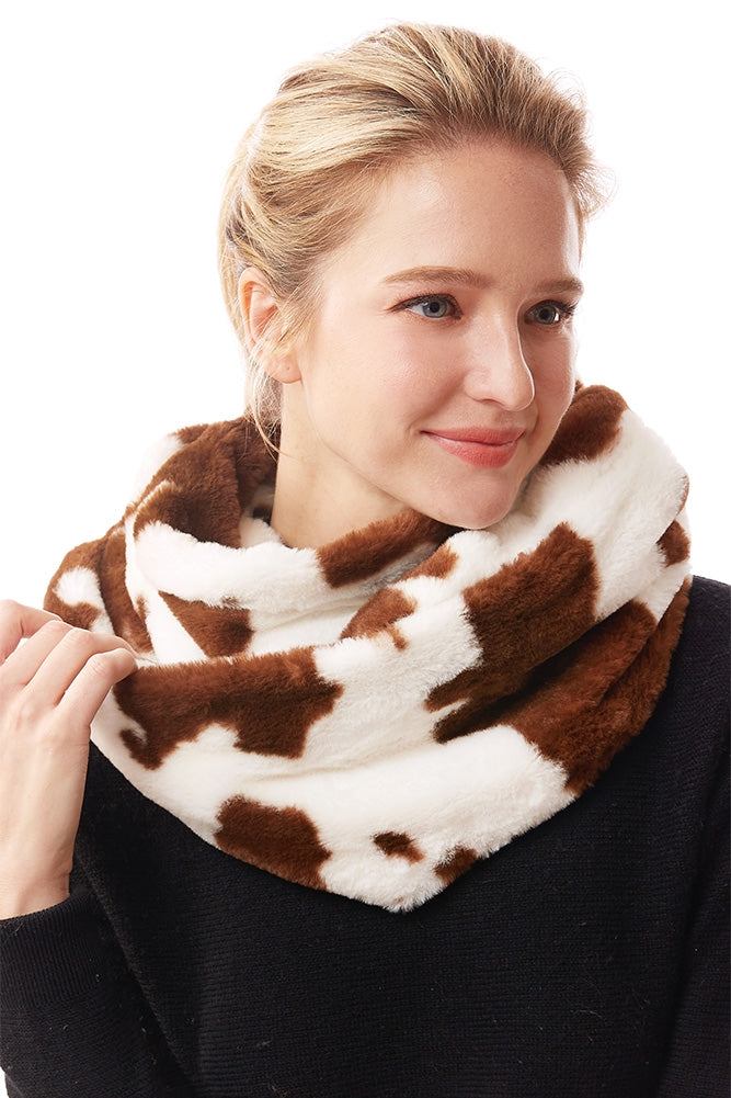 Women Cow Print Infinity Scarf Black and Brown Color