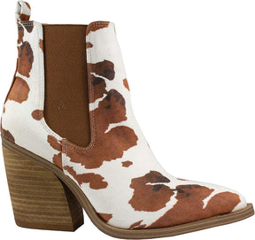 Brown Cow Print Western Booties Animal Prints Ankle Boot with Stacked Heel