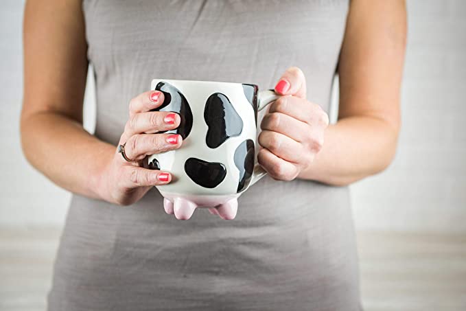Cow Print Mug with Non-Skid Silicone Feet, Hand Painted Ceramic