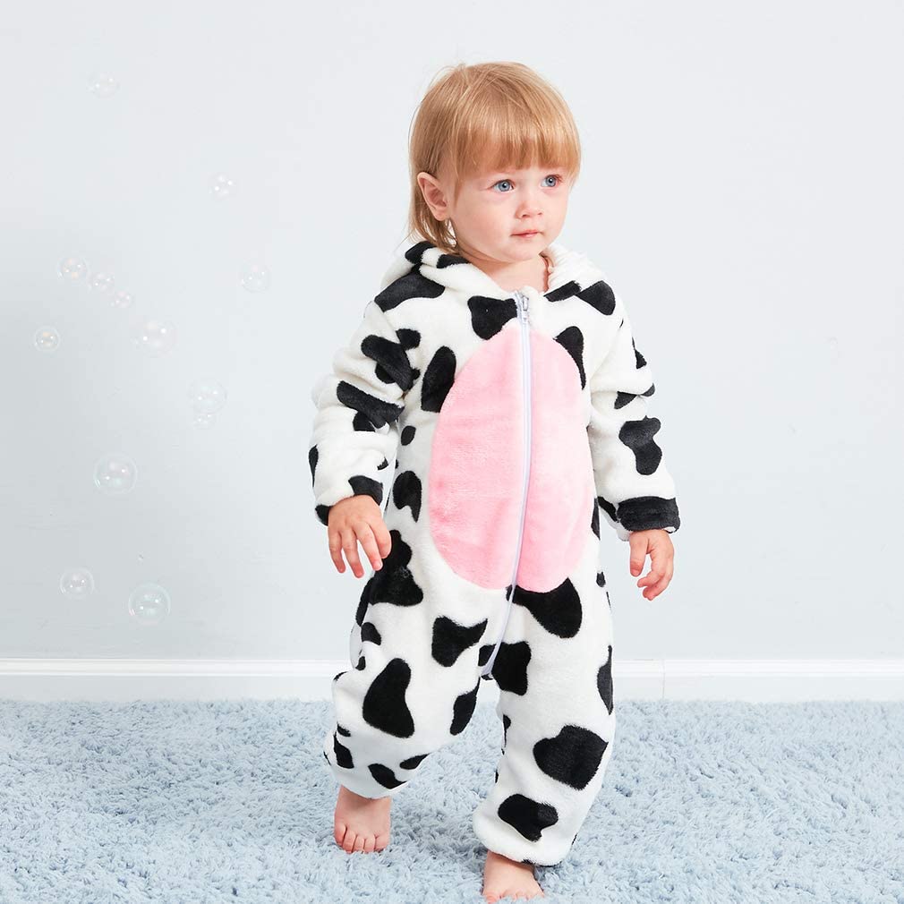 Unisex Baby Cow Animal Costume Winter Autumn Flannel Hooded Romper