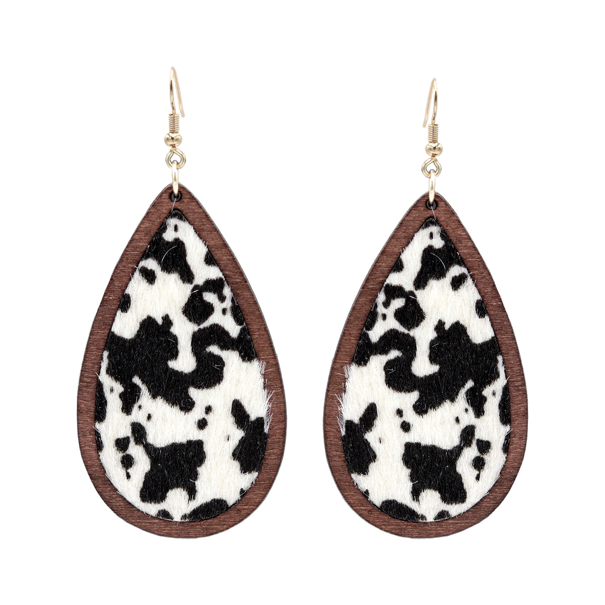 Cow Print Wood Teardrop Hook Earrings