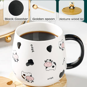 Cute Cow Coffe Mug with Lid and Spoon Cow Print Stuff Gifts 400ml Ceramic