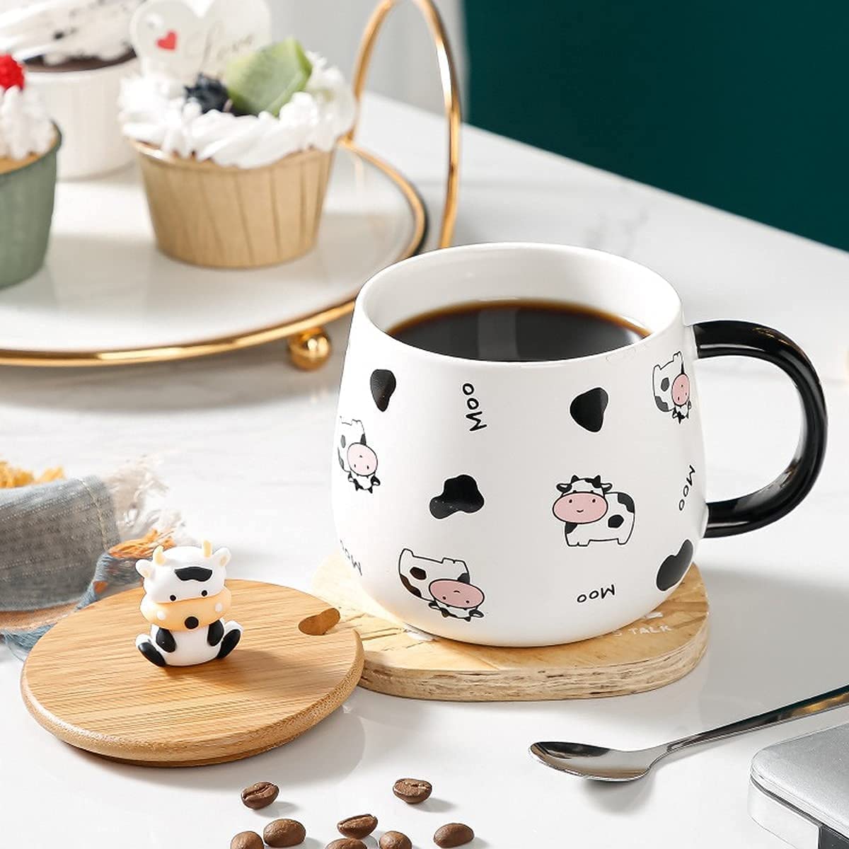 Cute Cow Coffe Mug with Lid and Spoon Cow Print Stuff Gifts 400ml Ceramic