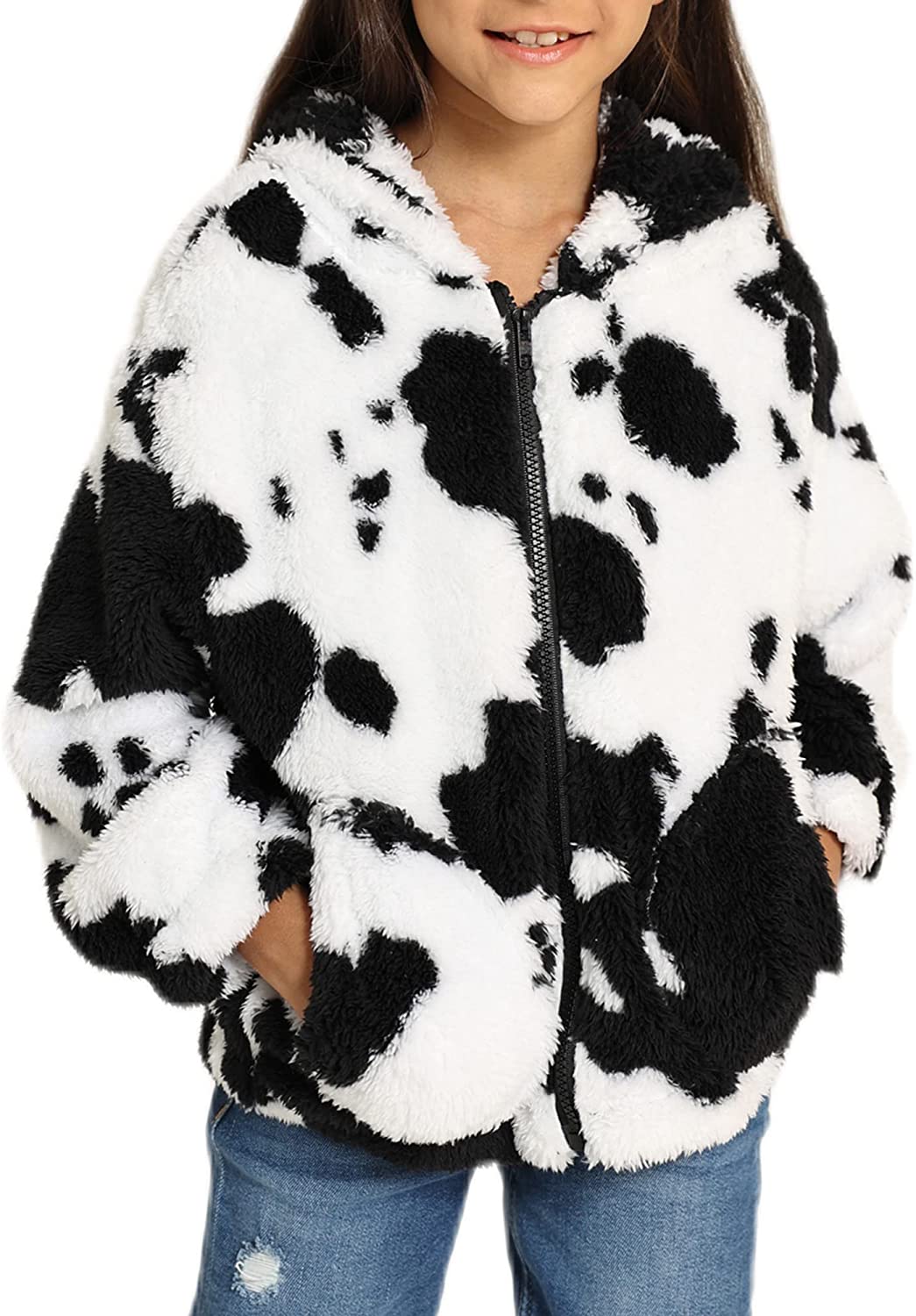 Girls Cow Print Full Zip Hoodie Fleece Jacket