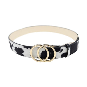 Cow Print Leather Belt for Women, Double O-Ring