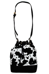 Women Cow Print Drawstrings Shoulder Bag Black and Brown